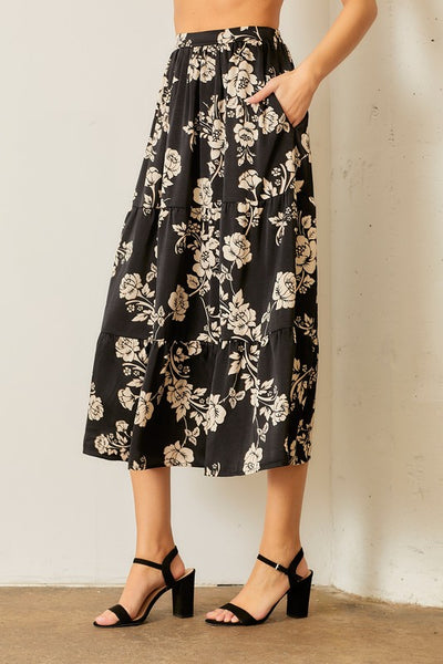 Dark Floral Romance Midi Skirt